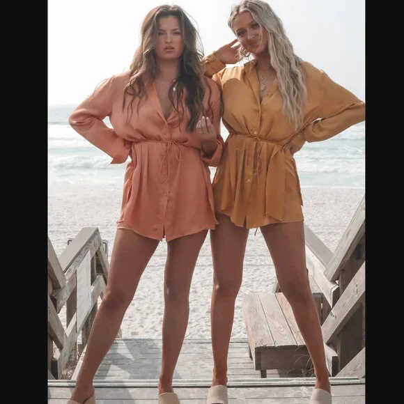 Shirt Dress Romper in Gold Honey Satin Waist Tie Long Sleeve Button Down - Picture 5 of 6